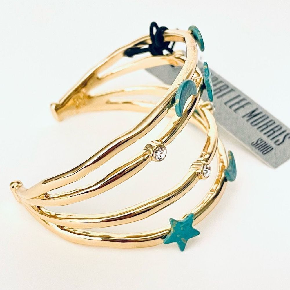 NWT Robert Lee Morris multi-row celestial Gold green patina Cuff Bangle Bracelet - Picture 8 of 12
